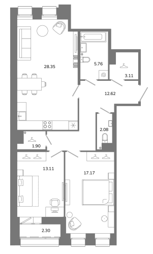 2-комнатная квартира №16 в: Твой космос: 85.25 м²; этаж: 11 - купить в Санкт-Петербурге