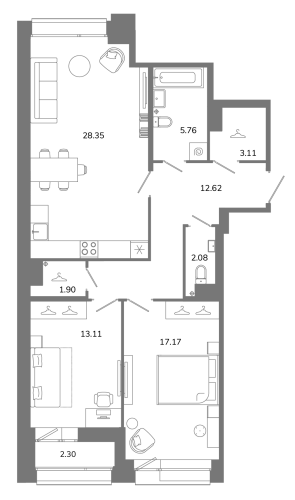 2-комнатная квартира №16 в: Твой космос: 85.25 м²; этаж: 12 - купить в Санкт-Петербурге