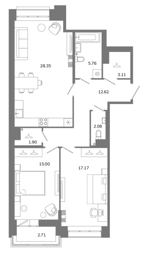 2-комнатная квартира №16 в: Твой космос: 87.34 м²; этаж: 9 - купить в Санкт-Петербурге