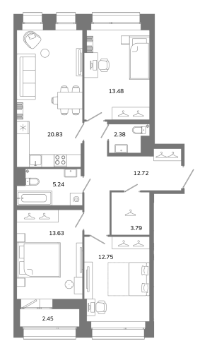3-комнатная квартира, 86.04 м²; этаж: 12 - купить в Санкт-Петербурге