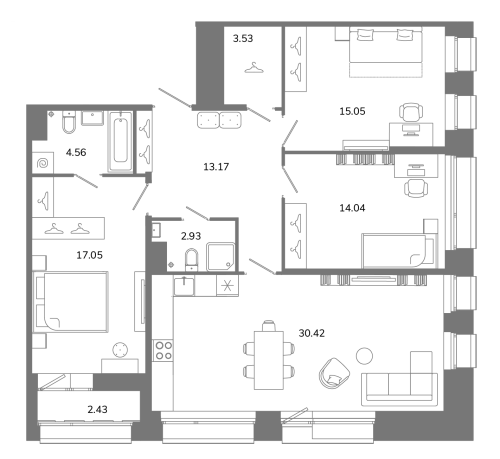 3-комнатная квартира, 101.96 м²; этаж: 11 - купить в Санкт-Петербурге