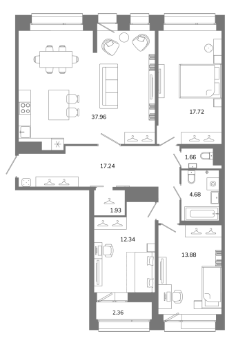 3-комнатная квартира №16 в: Твой космос: 108.59 м²; этаж: 12 - купить в Санкт-Петербурге