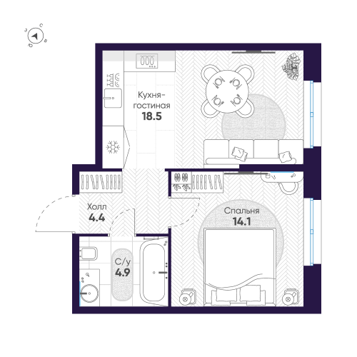 1-комнатная квартира, 41.9 м²; этаж: 3 - купить в Санкт-Петербурге