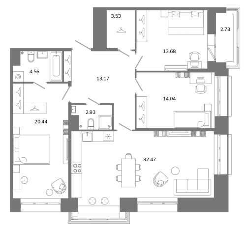 3-комнатная квартира №16 в: Твой космос: 106.18 м²; этаж: 9 - купить в Санкт-Петербурге