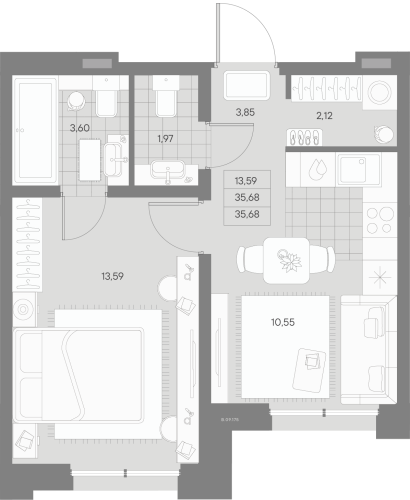 1-комнатная квартира, 35.68 м²; этаж: 9 - купить в Санкт-Петербурге