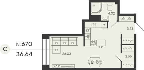 1-комнатная квартира, 36.64 м²; этаж: 4 - купить в Санкт-Петербурге