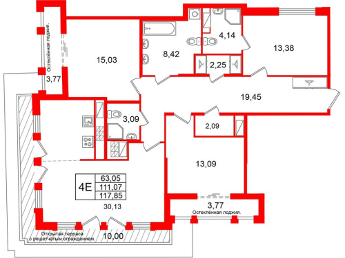4-комнатная квартира №26 в: Кристалл Холл: 111.07 м²; этаж: 8 - купить в Санкт-Петербурге