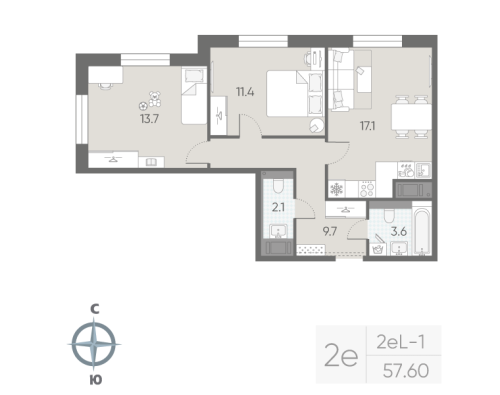 2-комнатная квартира, 57.6 м²; этаж: 11 - купить в Санкт-Петербурге