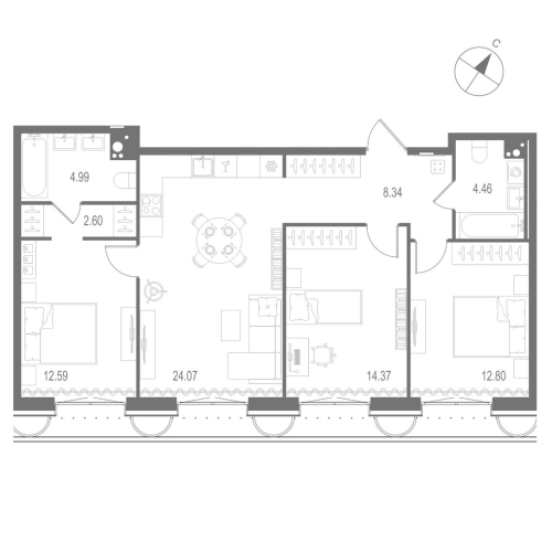3-комнатная квартира, 84.22 м²; этаж: 7 - купить в Санкт-Петербурге