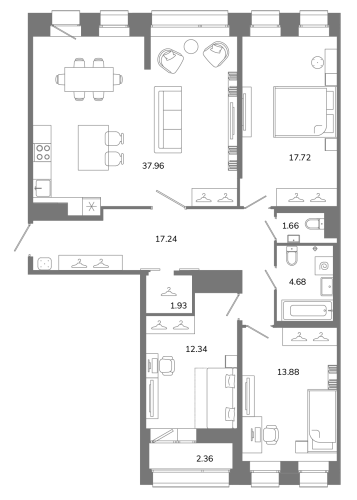 3-комнатная квартира №16 в: Твой космос: 108.59 м²; этаж: 11 - купить в Санкт-Петербурге