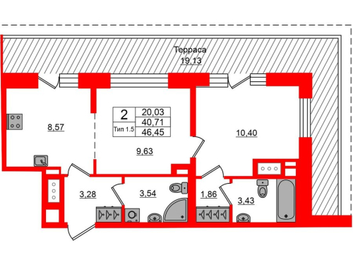 2-комнатная квартира, 40.71 м²; этаж: 12 - купить в Санкт-Петербурге
