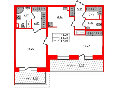1-комнатная квартира № в: Сэтл Ривьера: 54.28 м²; этаж: 17 - купить в Санкт-Петербурге