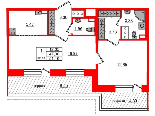 1-комнатная квартира, 47.3 м²; этаж: 17 - купить в Санкт-Петербурге