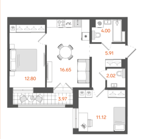 2-комнатная квартира, 54.49 м²; этаж: 6 - купить в Санкт-Петербурге