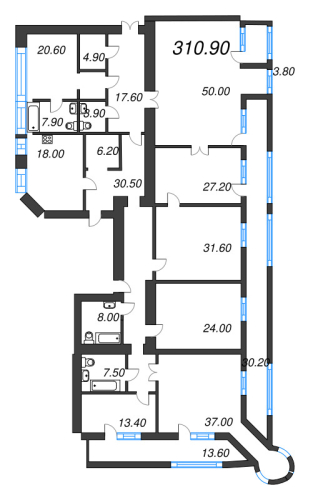6-комнатная квартира №41 в: ТРИ ГРАЦИИ: 314.3 м²; этаж: 6 - купить в Санкт-Петербурге