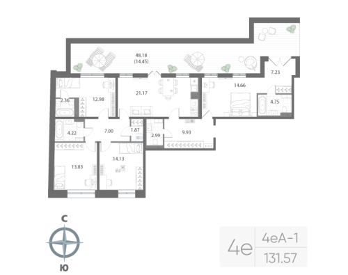 3-комнатная квартира №56-58 в: Нева Арт: 131.57 м²; этаж: 6 - купить в Санкт-Петербурге