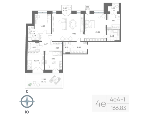 3-комнатная квартира №56-58 в: Нева Арт: 166.83 м²; этаж: 2 - купить в Санкт-Петербурге
